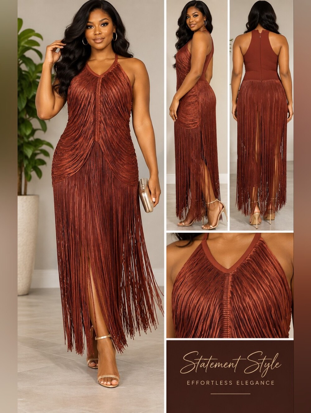 Sleeveless Fringe Maxi Dress Copper Brown